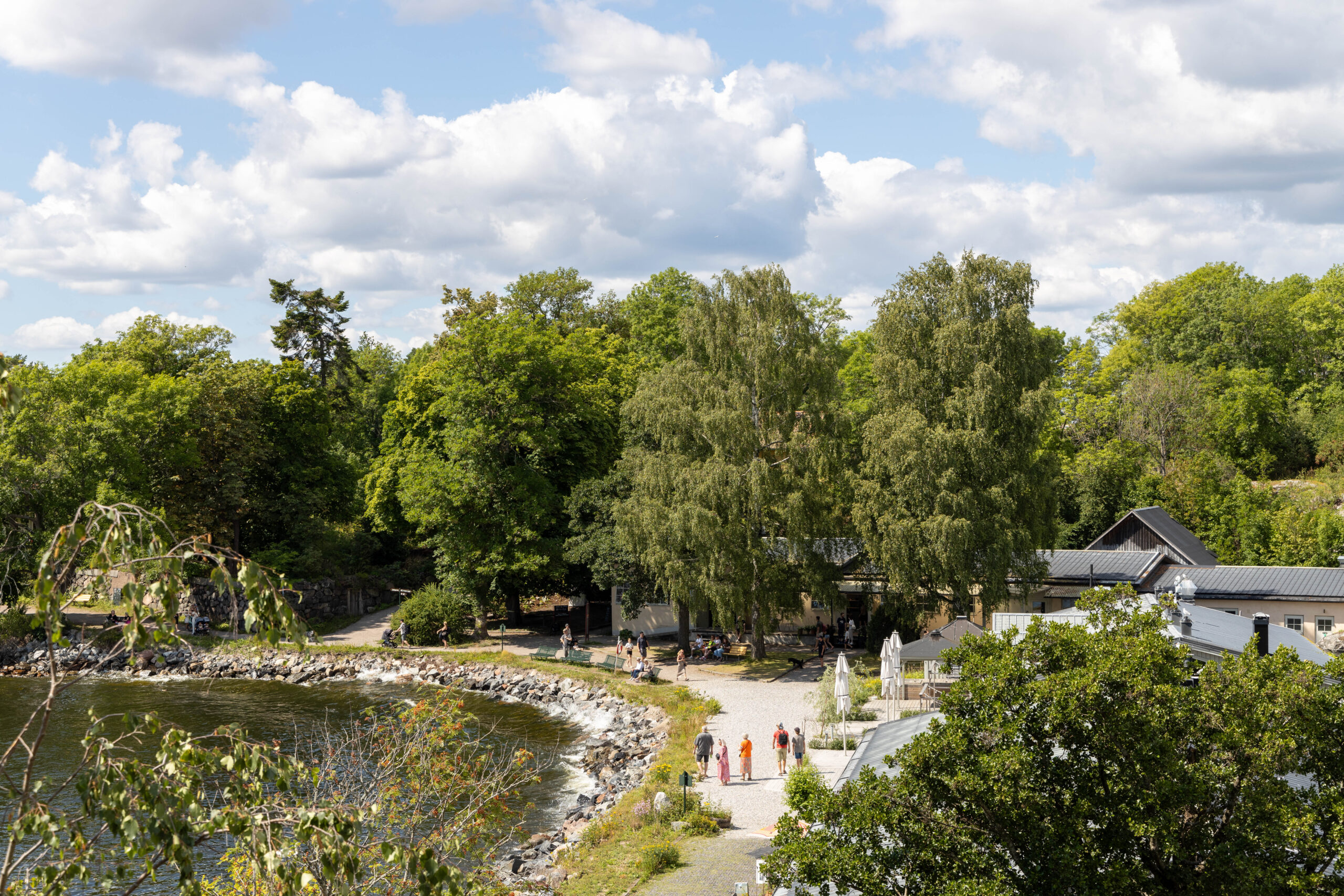 Areal view of walking road and coast at Fjäderholmarna Island outside of Stockholm Sweden.