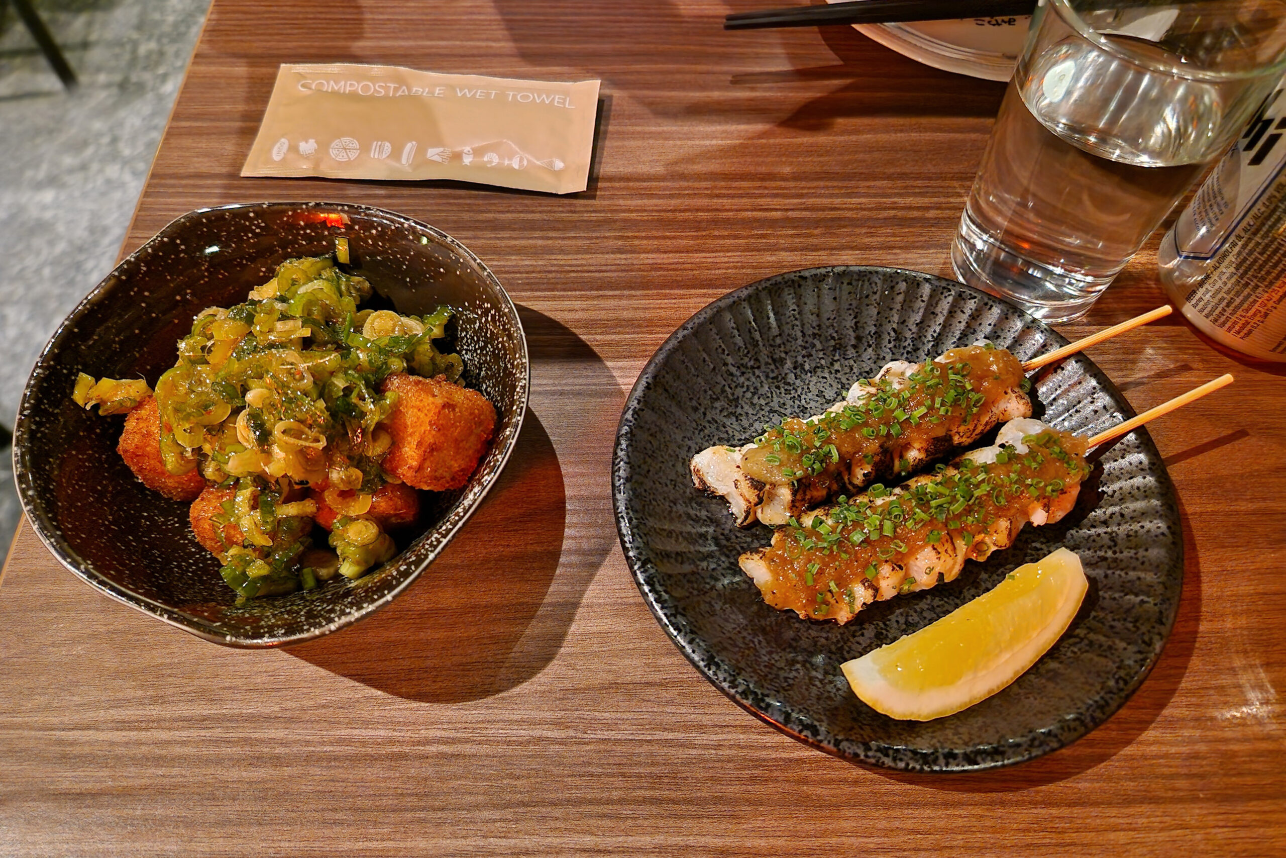 A plate of skewers at the restaurant Miyakodori in Stockholm