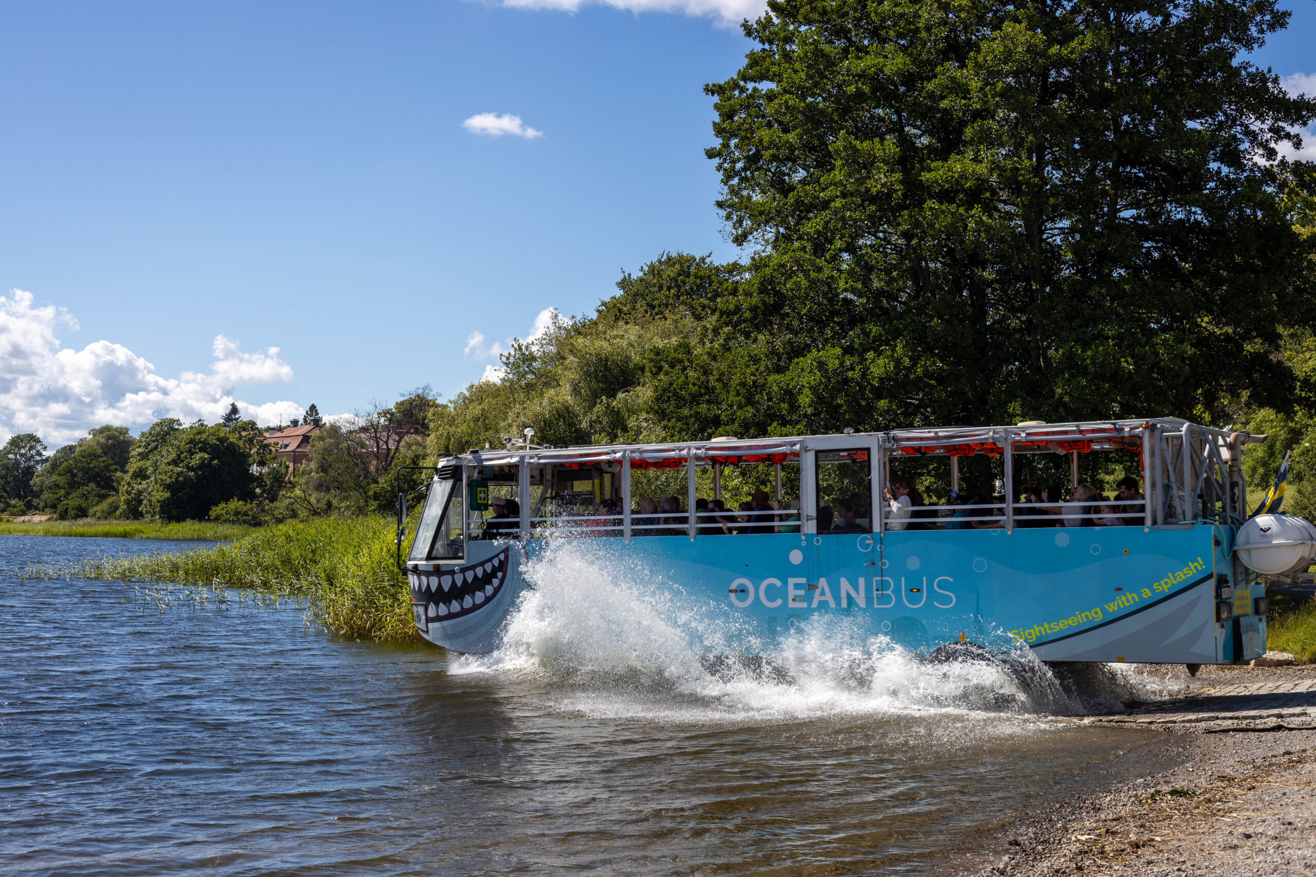 Ocean Bus entering the water with a splash at Djurgården in Stockholm, Sweden.