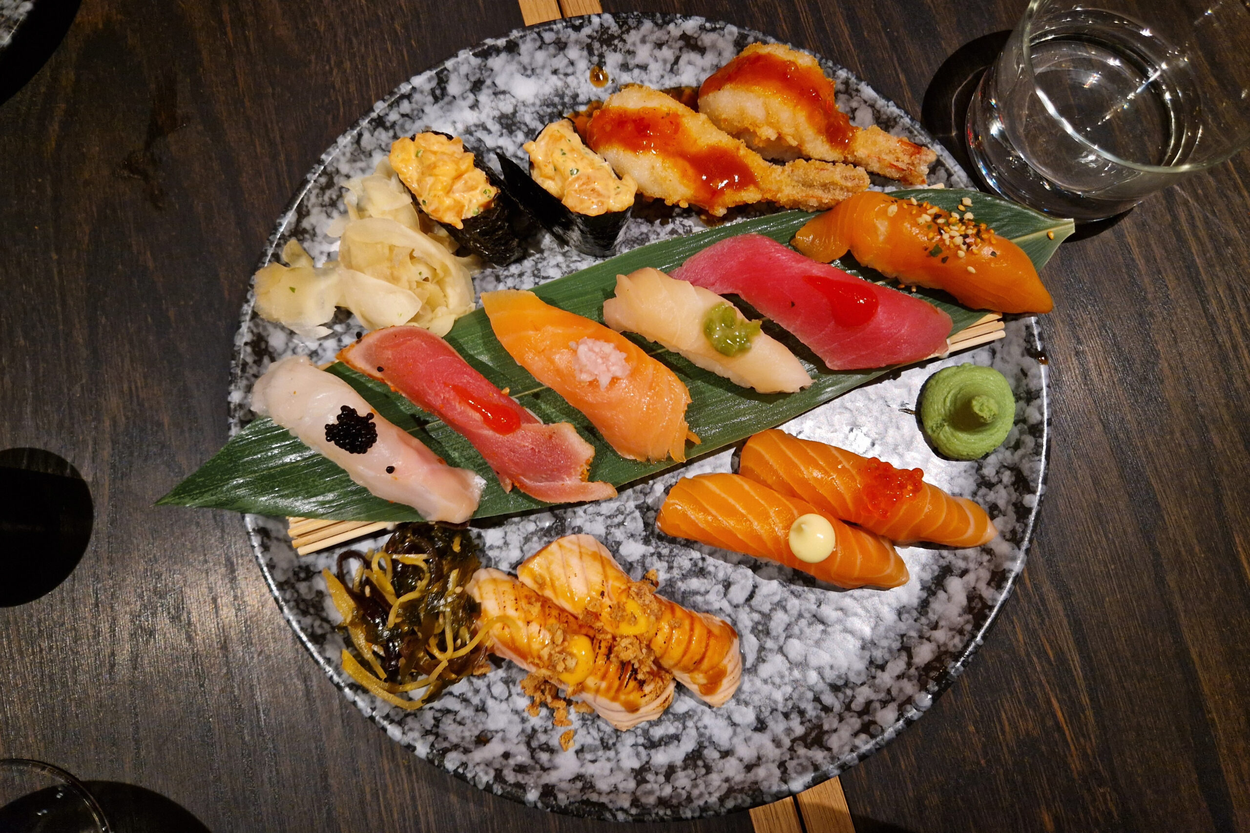 Top down photo of plate of sushi on a table, at Restaurant RAW in Stockholm, Sweden.