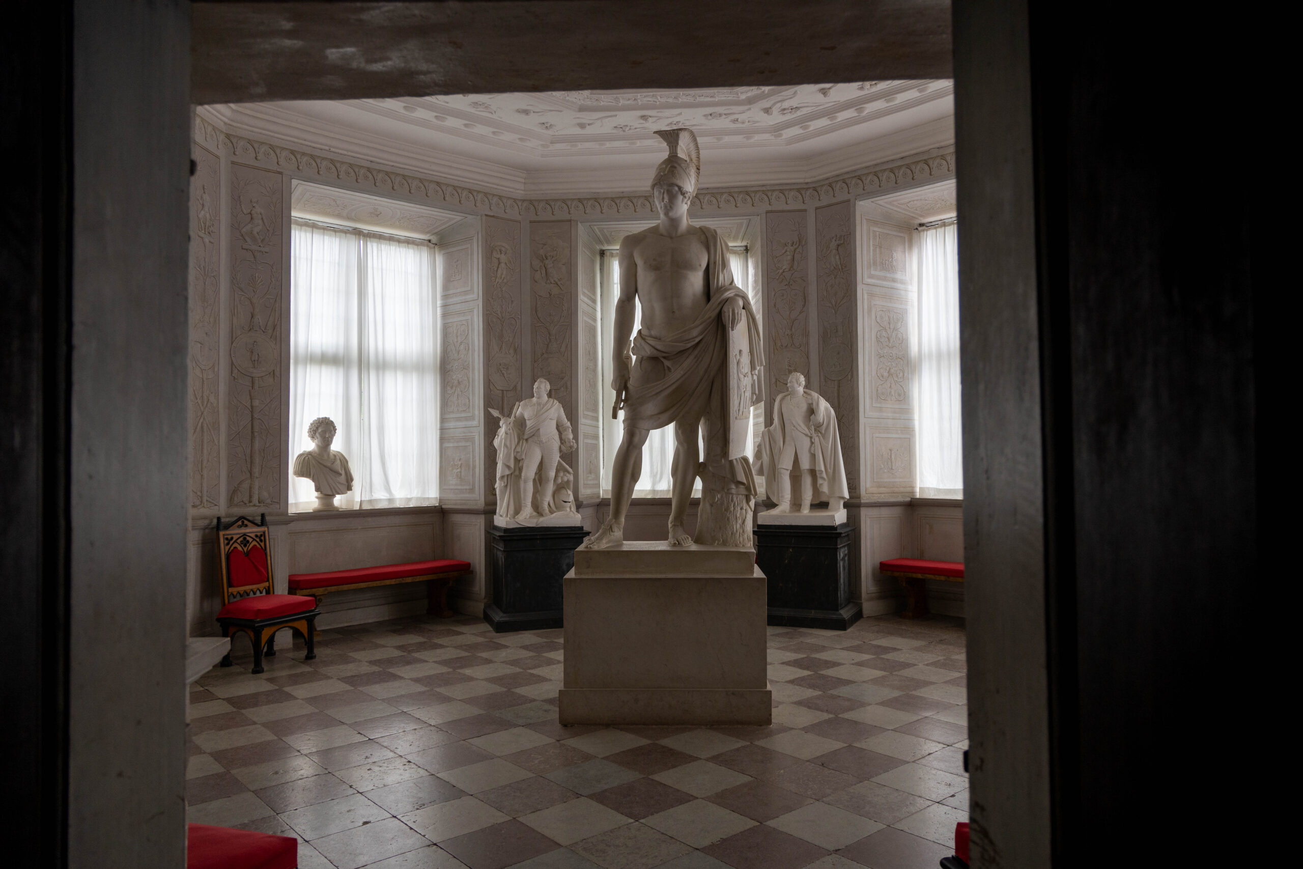 A room of white statues in Skokloster Castle. Stockholm, Sweden.