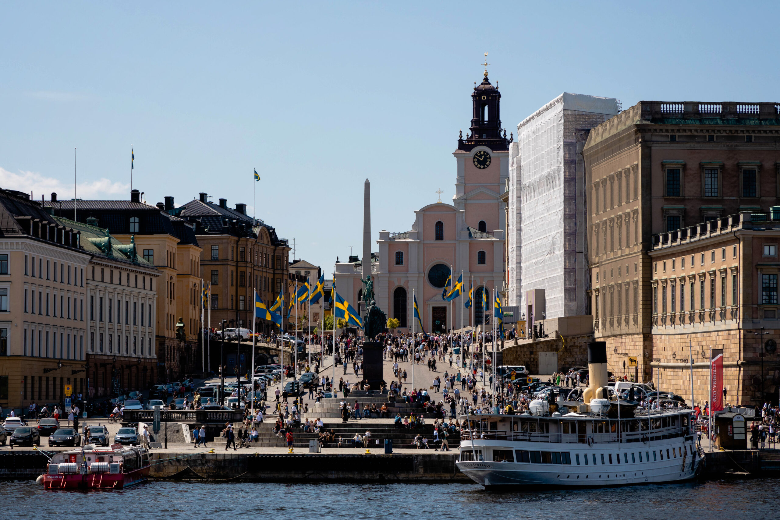 View of Slottsbacken in Stockholm from the water.