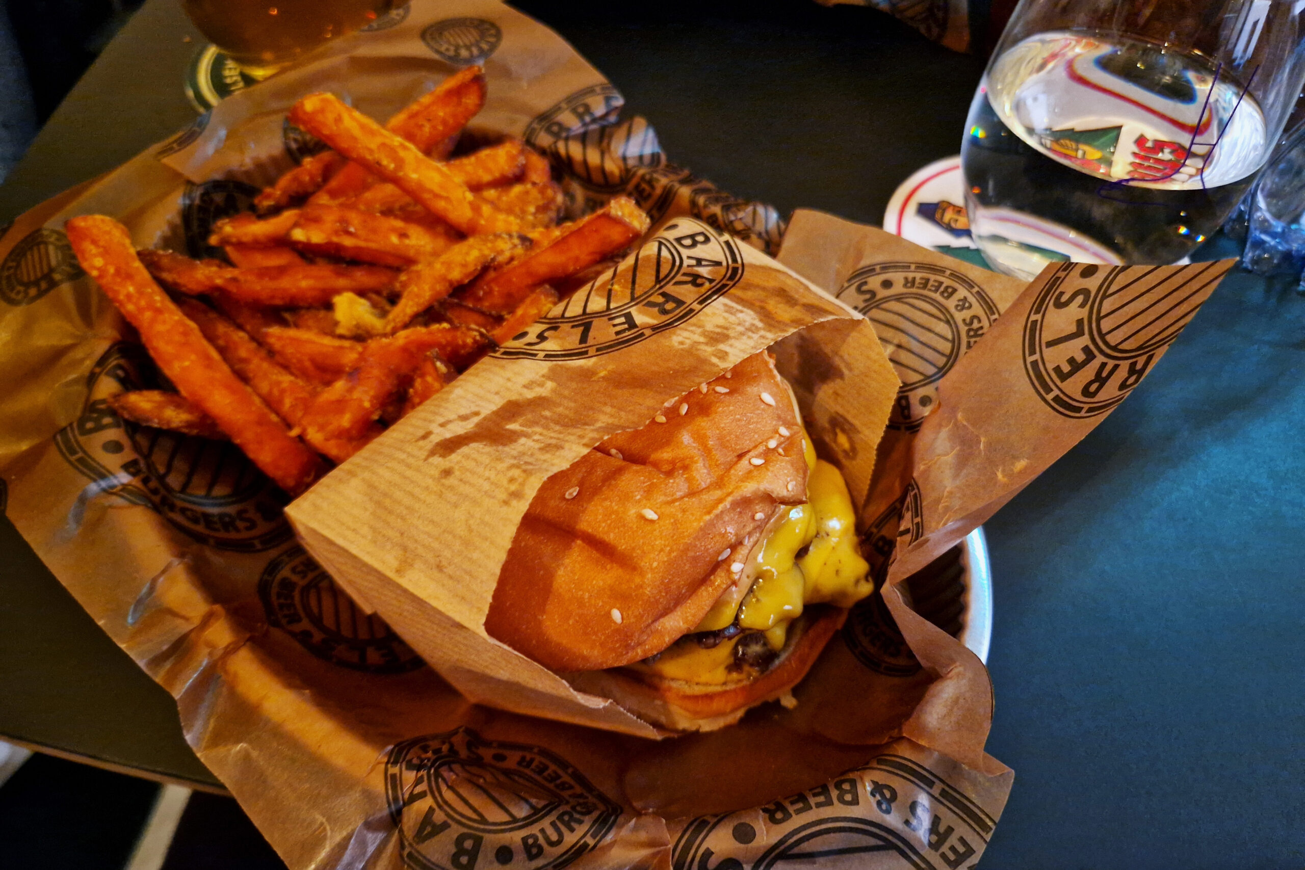 Hambruger and fries at pub Stigbergets Fot in Stockholm, Sweden.