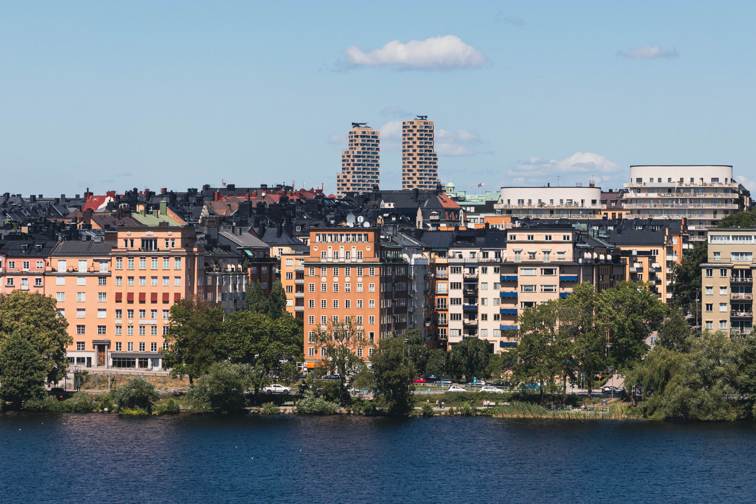 Stockholm skyline and water with North Towers in background. (View from Västerbron Bridge.)