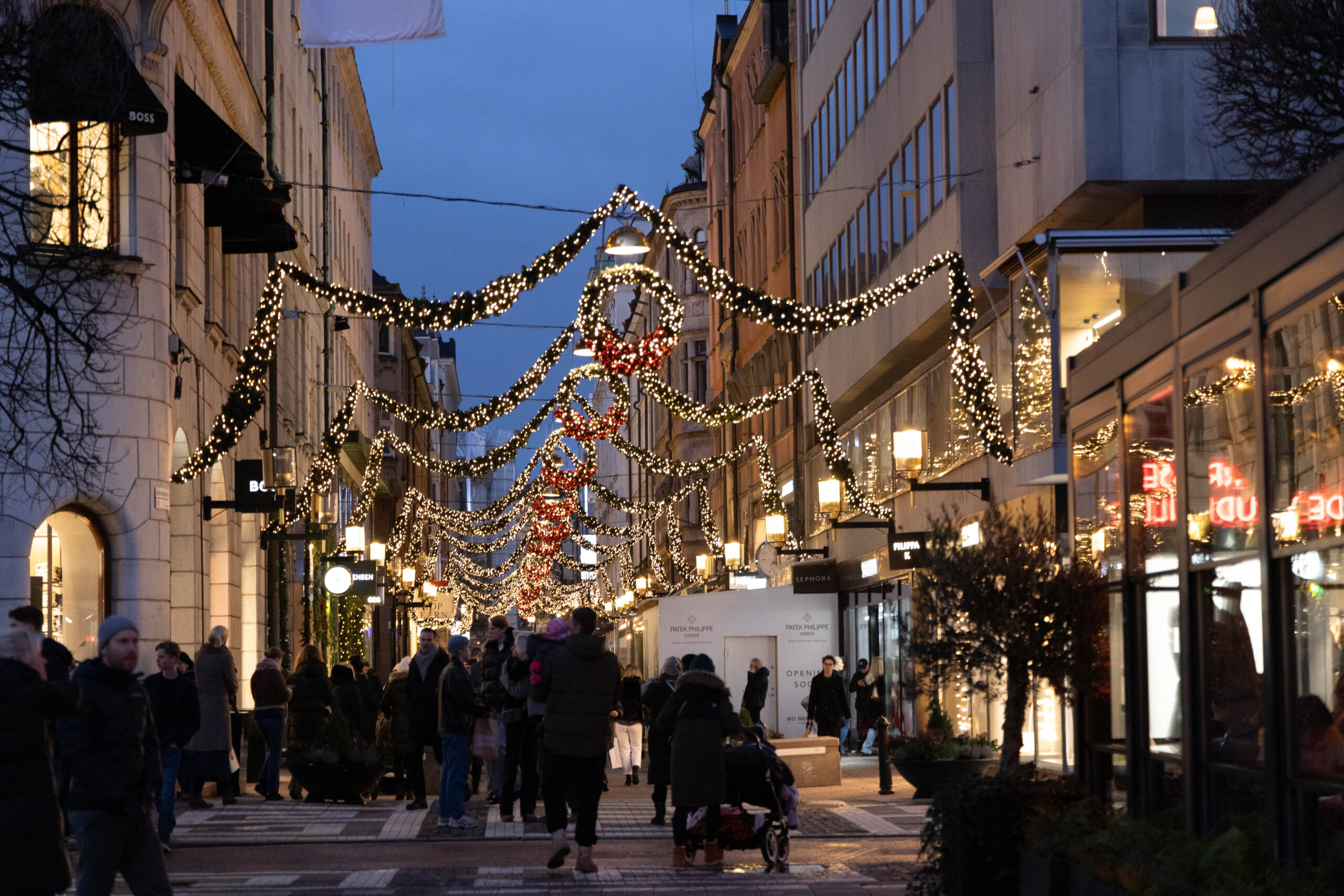 Stockholm street: Biblioteksgatan, with Christmas decorations