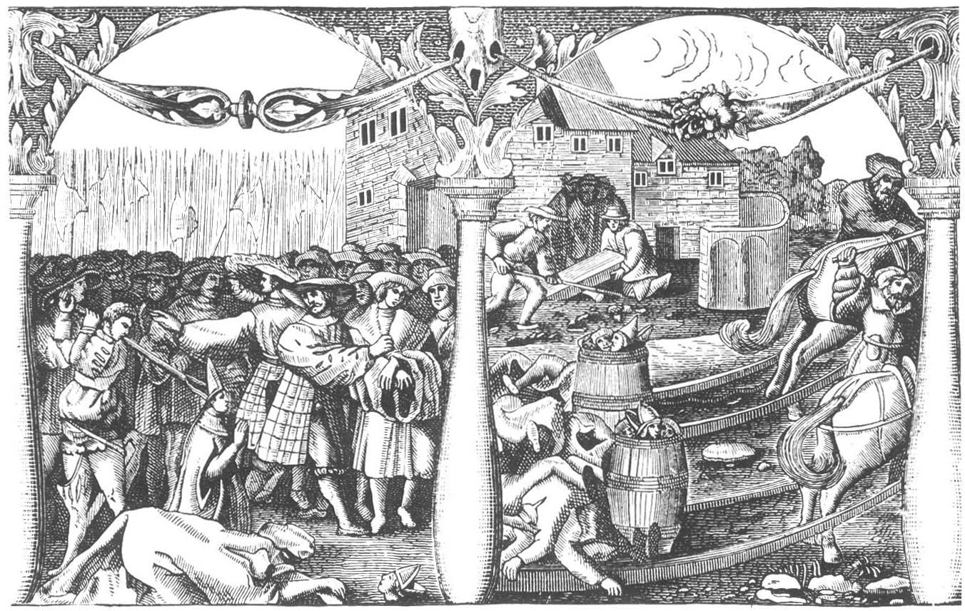 Stockholm Bloodbath Engraving by Dionysius Padt-Brugge (1676), which depicts two scenes of the bloodbath (nobles being beheaded in the square, and bodies being carted away to be burned).