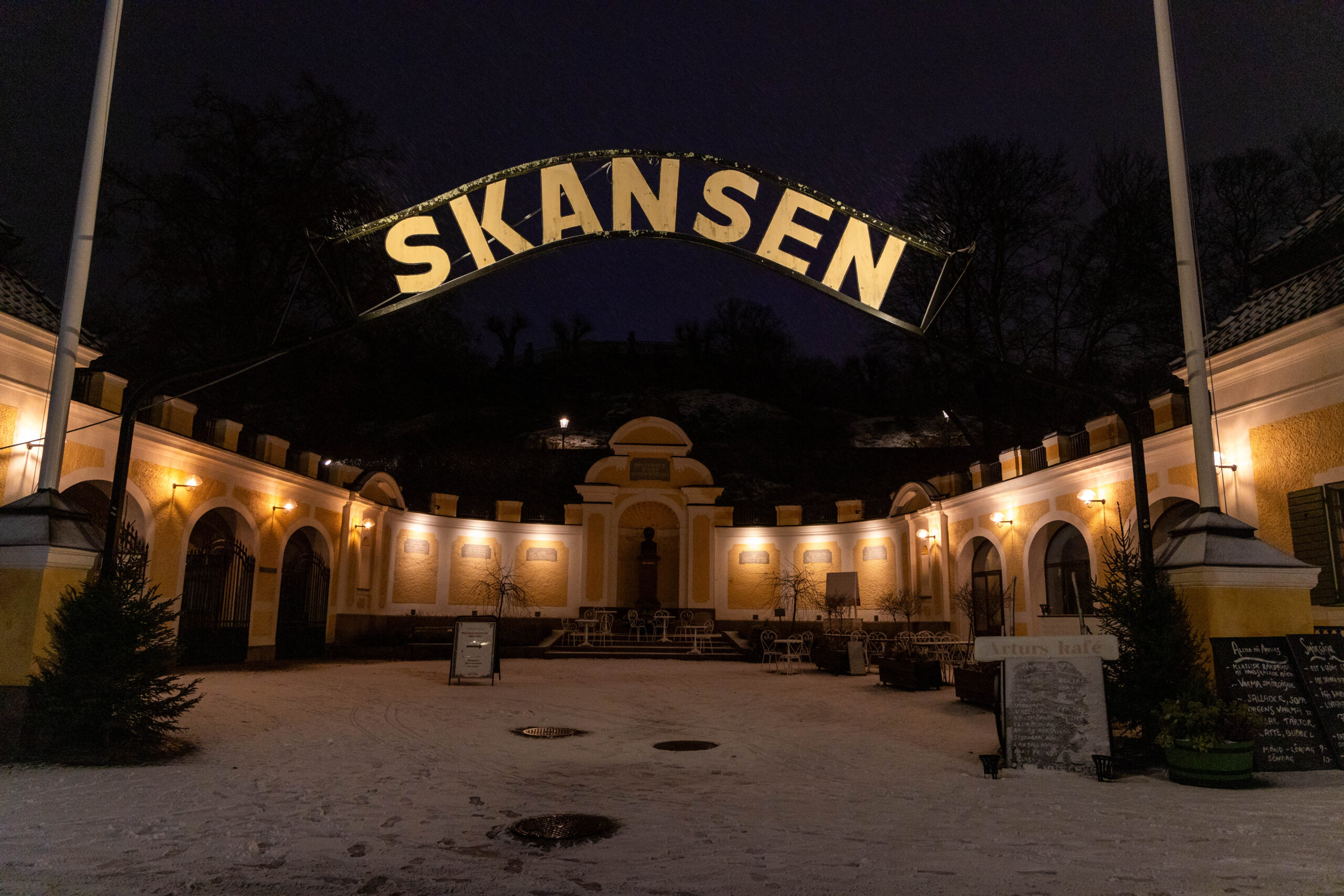 Night Photo of Skansen Entrance at winter.