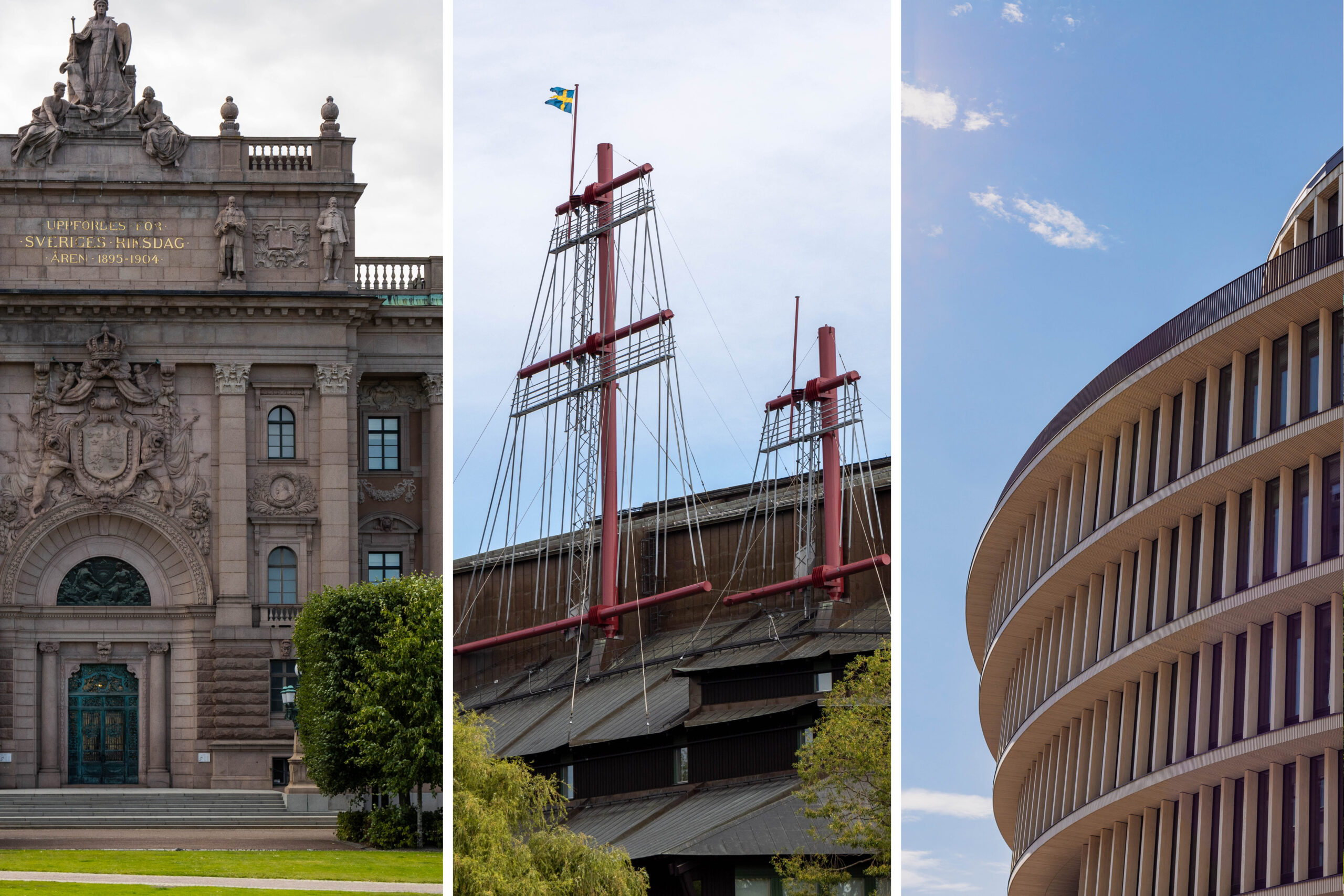 Combination of three photos of Stockholm's architecture split into three vertical columns: The Parliament House, Vasa Museum, and Forskaren