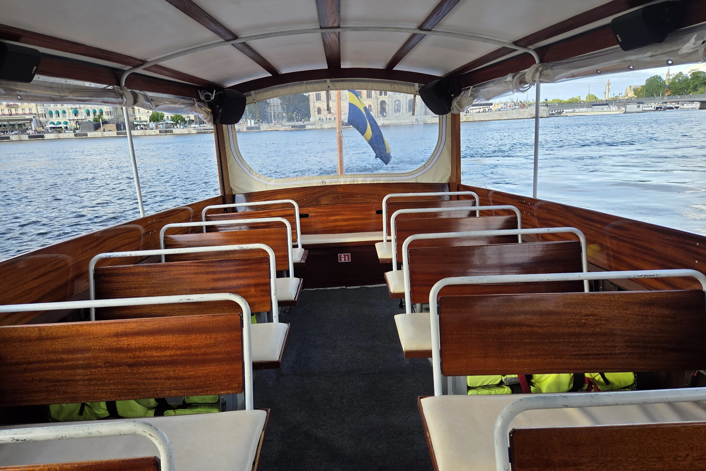 The interior view of the Sightseeing Ride wooden boat in Stocholm.